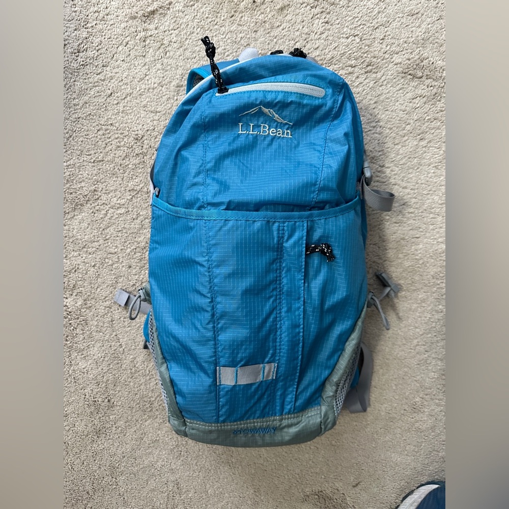 LL Bean Stowaway backpack in blue rip stop